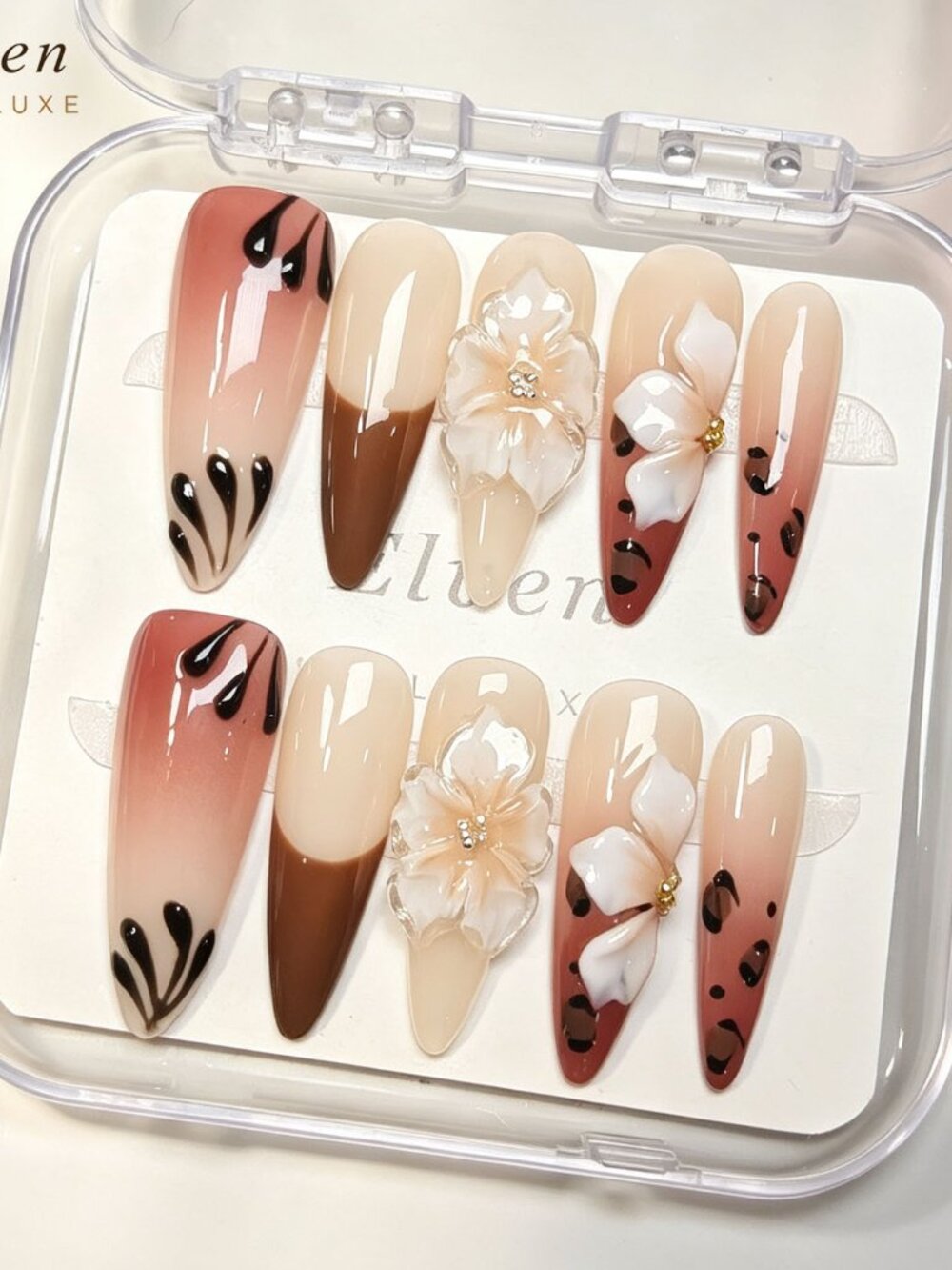 Elegant Nude Brown Black Handmade Press On Nails Set Stiletto Shape